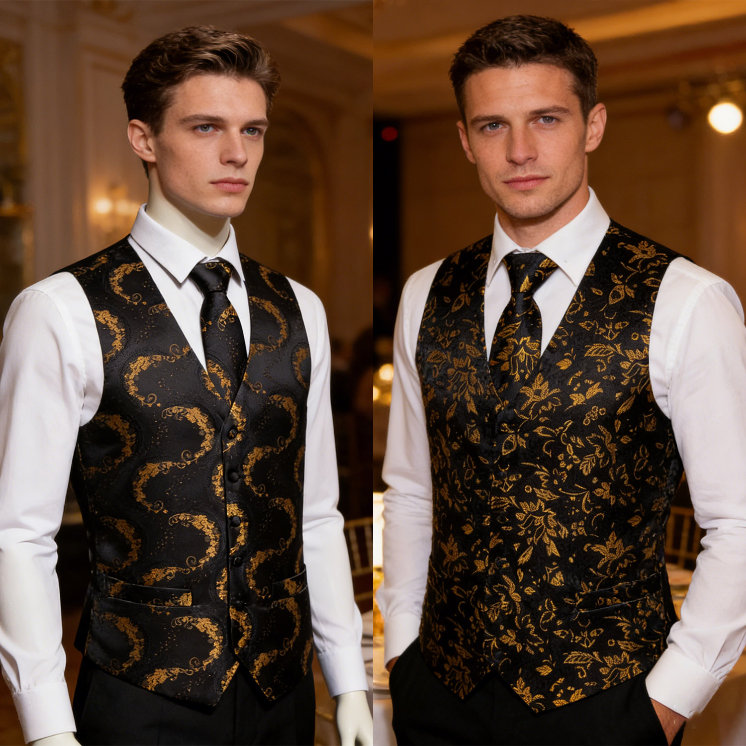 Formal Vest Waistcoat - Męska luksusowa złoto-czarna kamizelka z kwiatowym