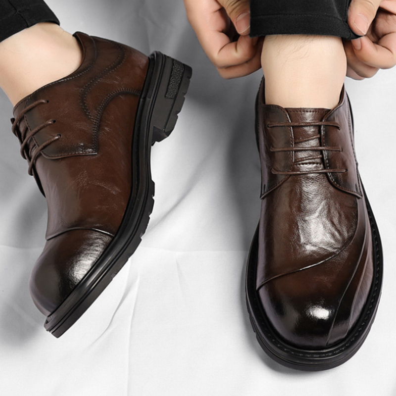 Men'S Formal Office Wear Shoes - Brązowe, postarzane, skórzane, sznurowane buty na