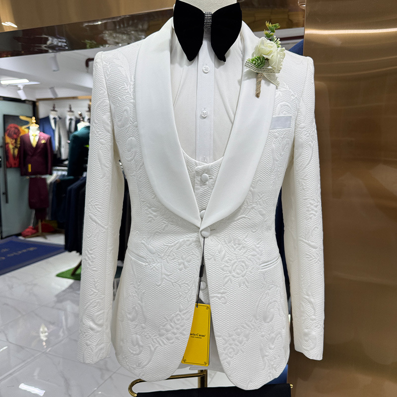 Formal Men Party Wear Jacket - Męski garnitur ślubny biały 3-częściowy żakardowy