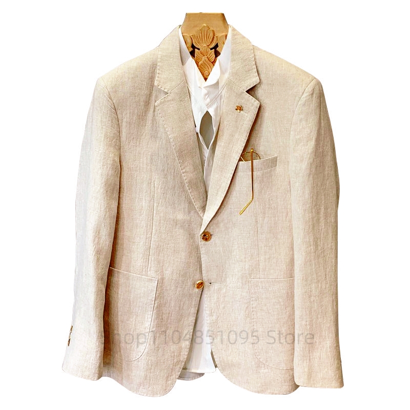 Men Formal Wear Summer - Beżowe męskie garnitury lniane marynarki kurtki