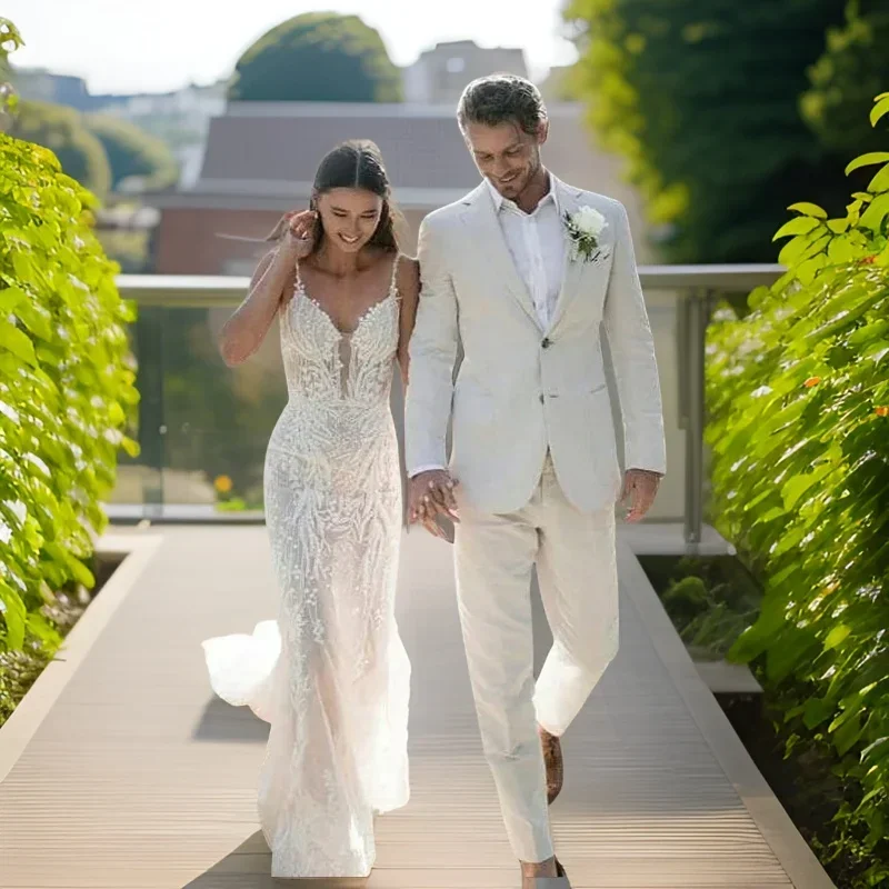 Men Formal Wear Summer - Lniany smoking ślubny dla mężczyzn Letnia