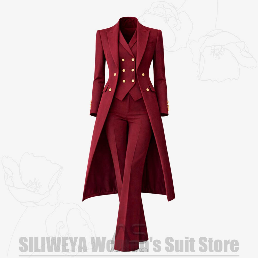 Formal Vest Waistcoat - Damski garnitur 3-częściowy dwurzędowy długi płaszcz