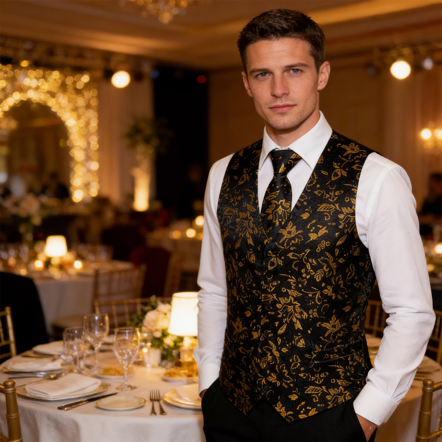Męska luksusowa złoto-czarna k – Formal Vest Waistcoat recenzja i cena